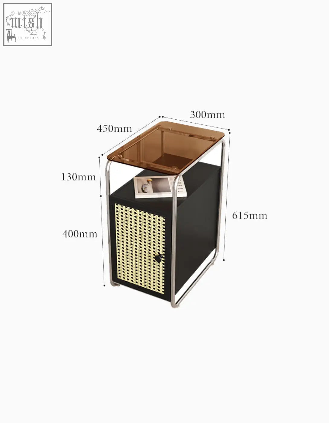 Black and gold edison clear acrylic trash bin with woven rattan front panel metal frame and transparent top