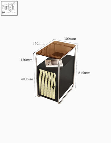 Black and gold edison clear acrylic trash bin with woven rattan front panel metal frame and transparent top