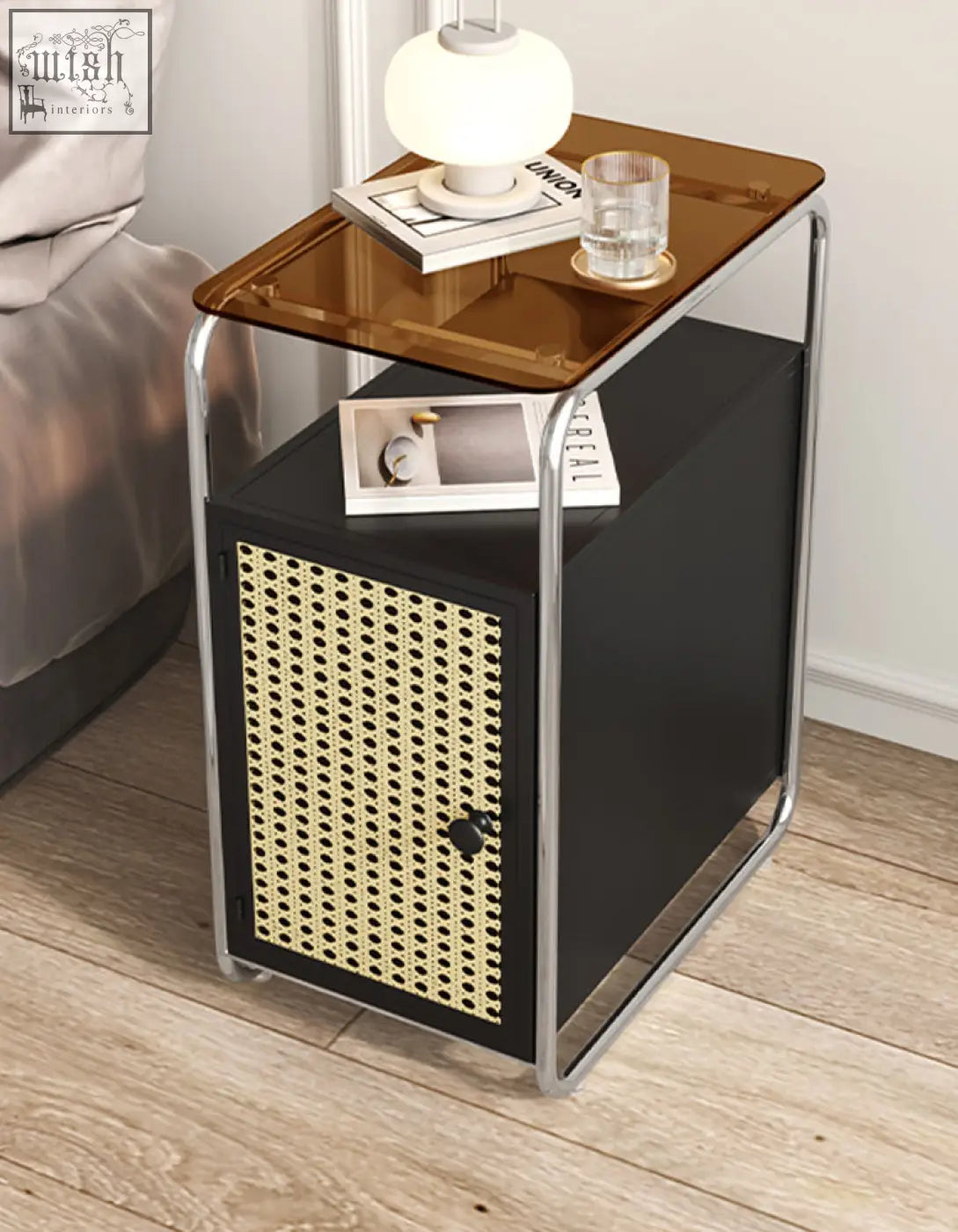 Black edison clear acrylic side table with gold-tinted glass top, chrome frame, and woven cane front panel design