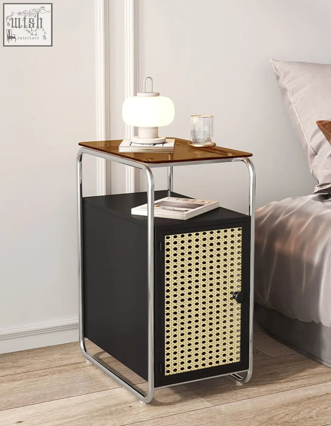 Black edison clear acrylic side table with woven cane door chrome frame and wooden top surface