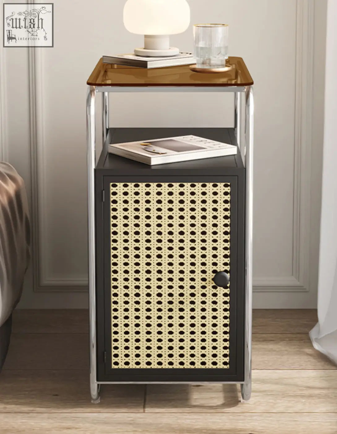 Black edison clear acrylic side table with woven cane door chrome legs and glass top for stylish storage