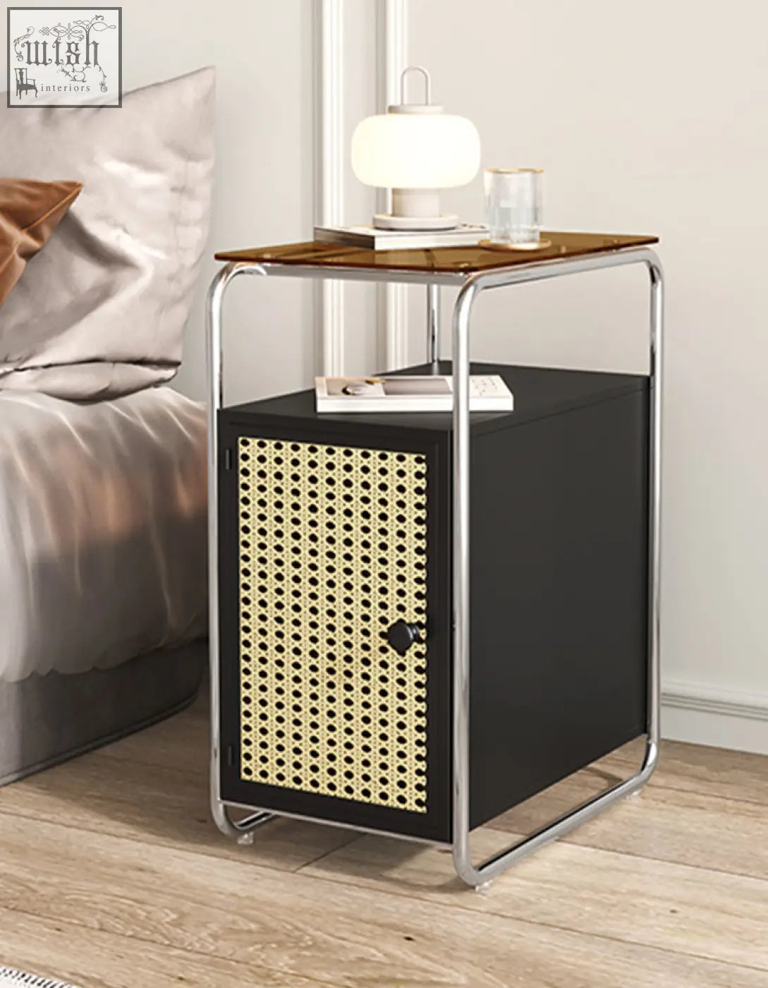 Black edison clear acrylic side table with woven cane front panel, chrome frame, and wooden top surface