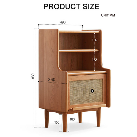 Light brown solid wood edith bedside table with woven cane panel on the front of its lower compartment