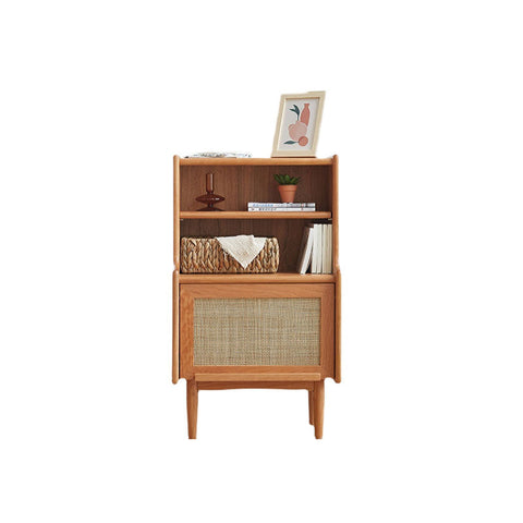 Light wood solid wood edith bedside table with mid-century modern cane paneling and open shelving design