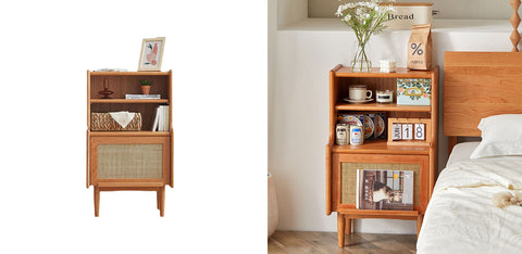 Edith bedside table solid wood with light wood two-tier design woven cane panel and open shelving bedside table