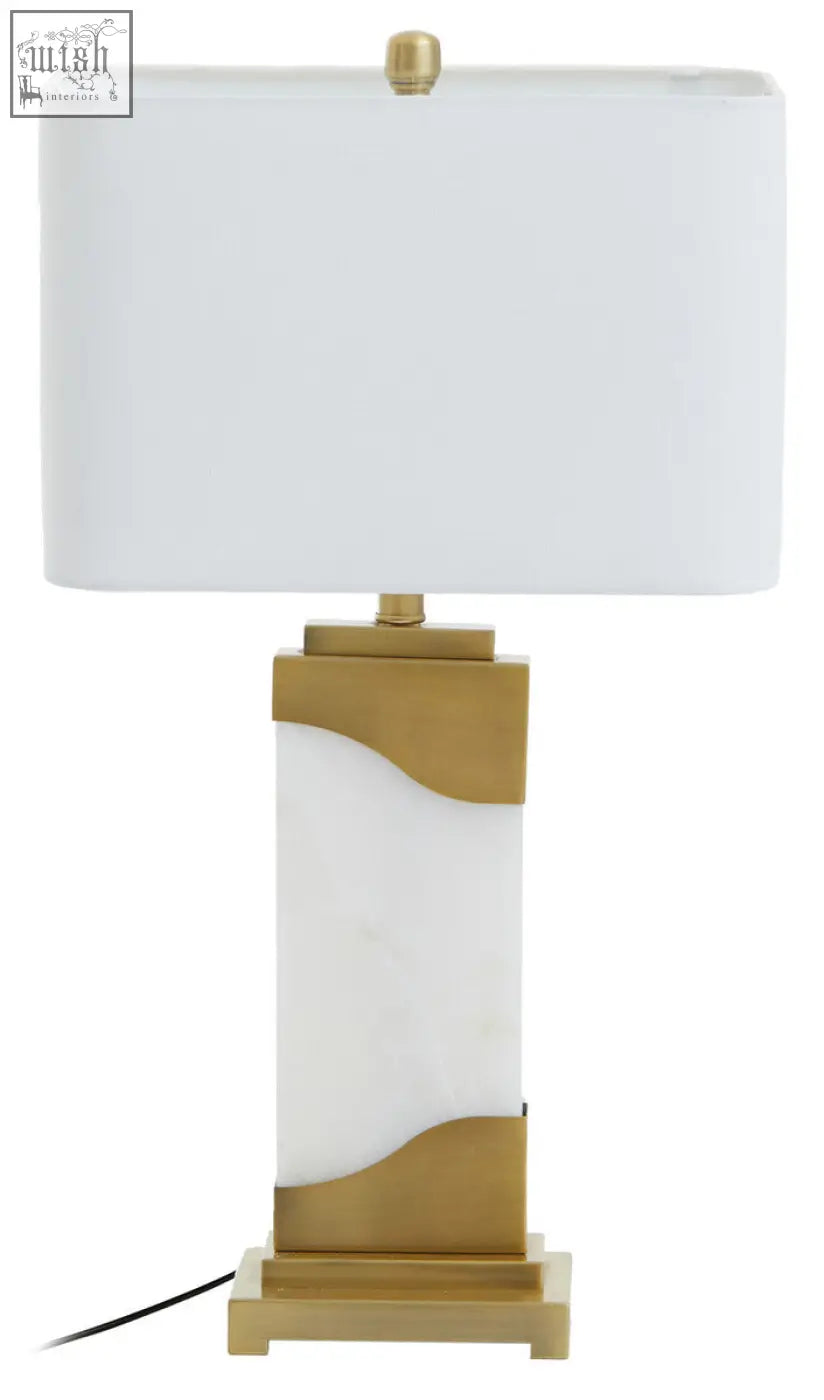 Edith table lamp with white marble base and gold accents features a modern white rectangular shade