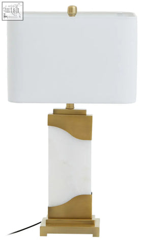 Edith table lamp with white marble base and gold accents features a modern white rectangular shade