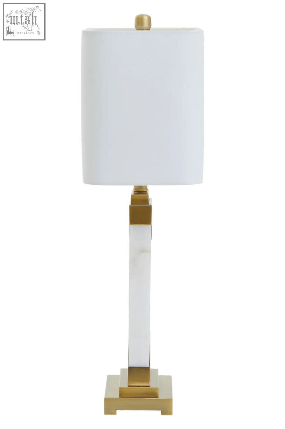 A sleek edith table lamp with a white rectangular shade, clear acrylic column, gold accents, and white marble base