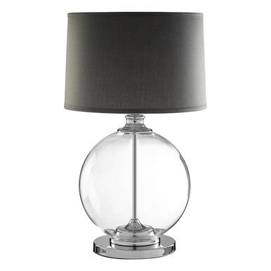 Edna glass table lamp with clear globe base and dark gray linen shade with chrome finish base