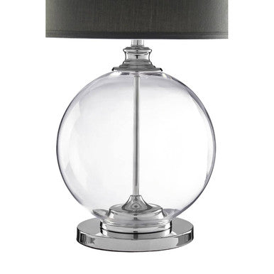 Edna glass table lamp with clear globe, sleek chrome base, and dark grey linen shade for stylish lighting