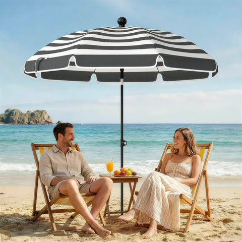 Outsunny 1.8 m Beach Umbrella Parasol with Sand Anchor, Portable 30° Tilting Patio Sun Shade with Adjustable Height, Grey/White