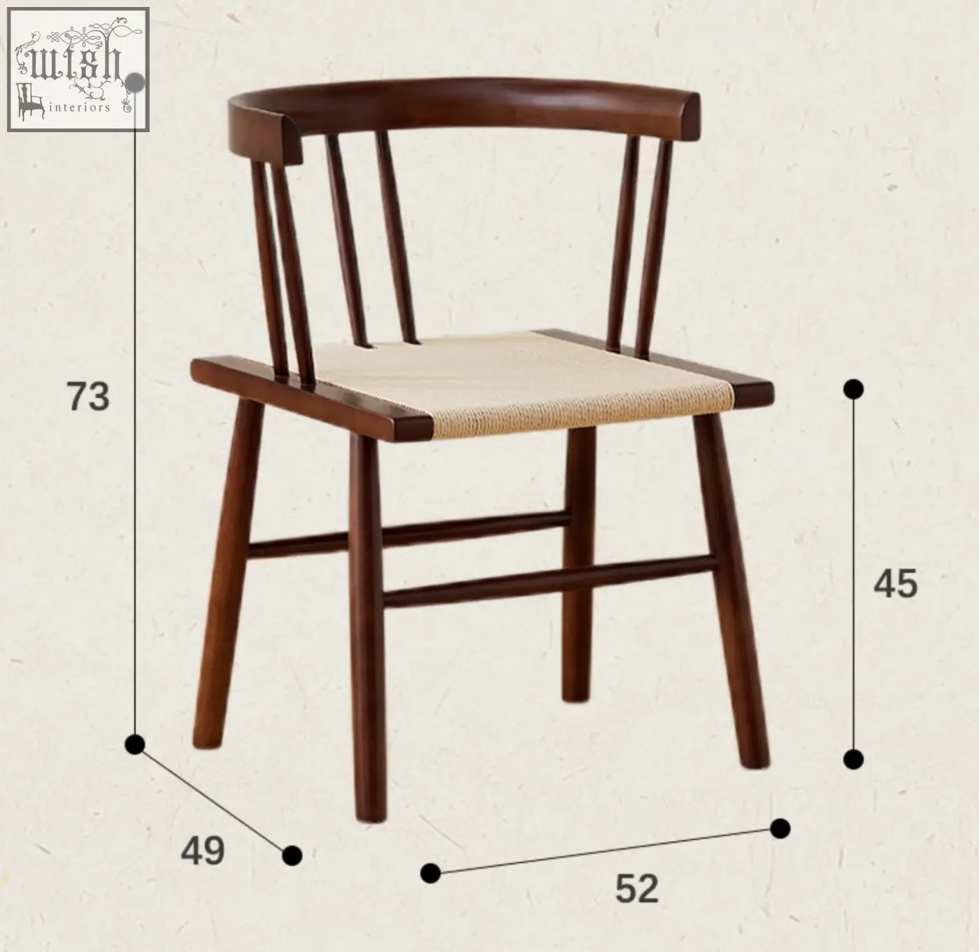 A dark wood eenoch dining chair with a woven beige rattan seat and vertical spindles perfect for dining rooms