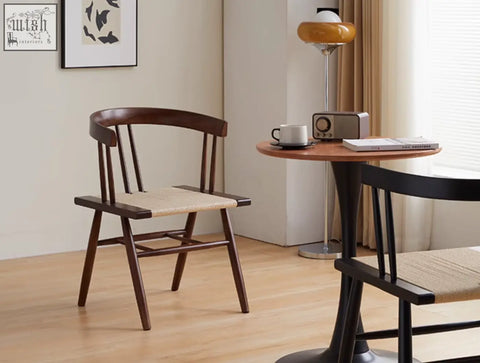 Dark wood eenoch dining chair with woven natural fiber rattan seat perfect for stylish dining rooms