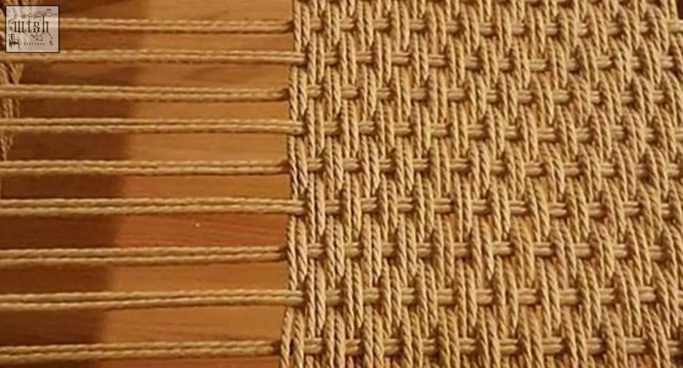 Tan woven rope mat with tight interlaced pattern on eenoch dining chair rattan for eenoch dining use