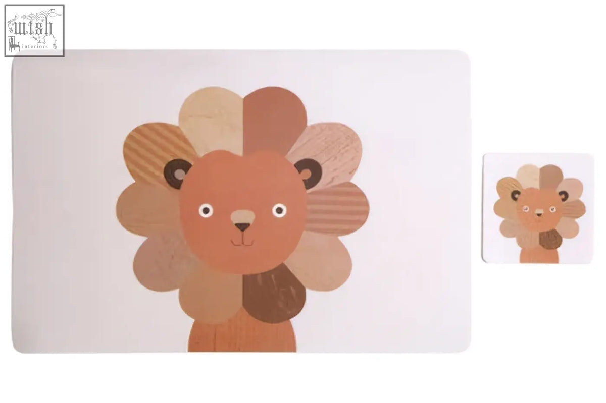 Effy set of 2 lion placemat and coaster with minimalist beige and brown wooden textured mane place setting