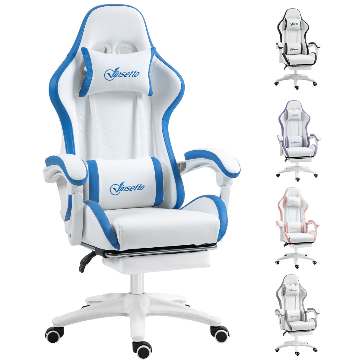 Vinsetto Computer Gaming Chair, PU Leather Desk Chair with Footrest, Swivel Task Chair with 135\'c2\'b0 Reclining Back and Lumbar Support, PC Chair for Adults, White and Blue