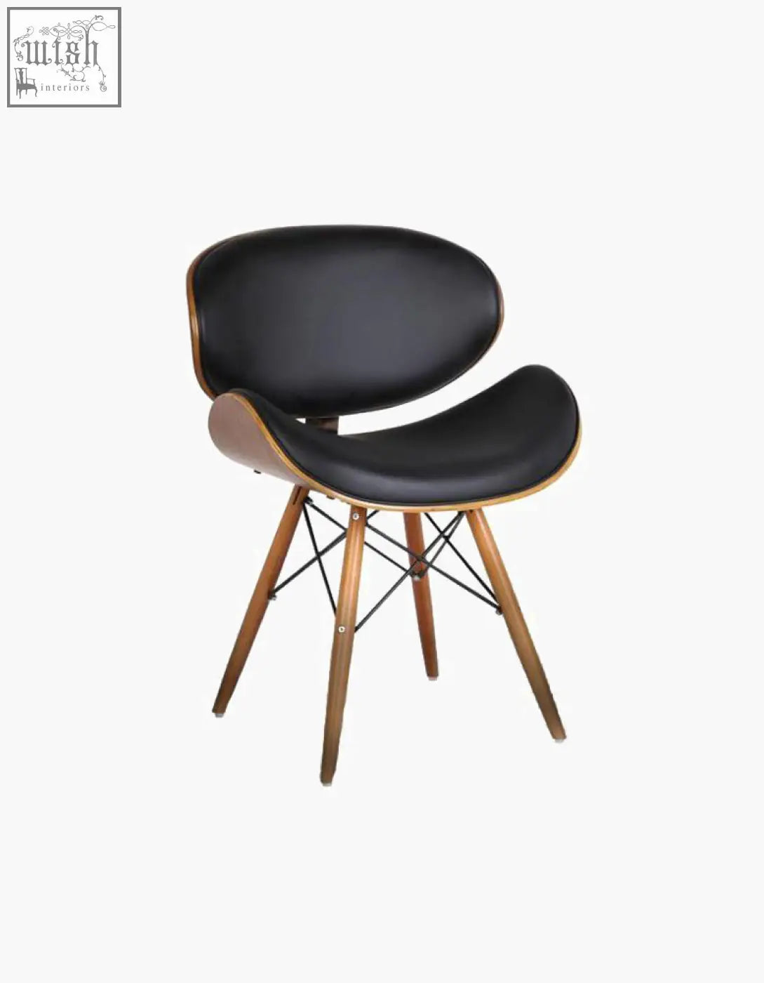Black leather upholstered eiffel dining chair with curved walnut frame and tapered legs easy to clean with damp cloth