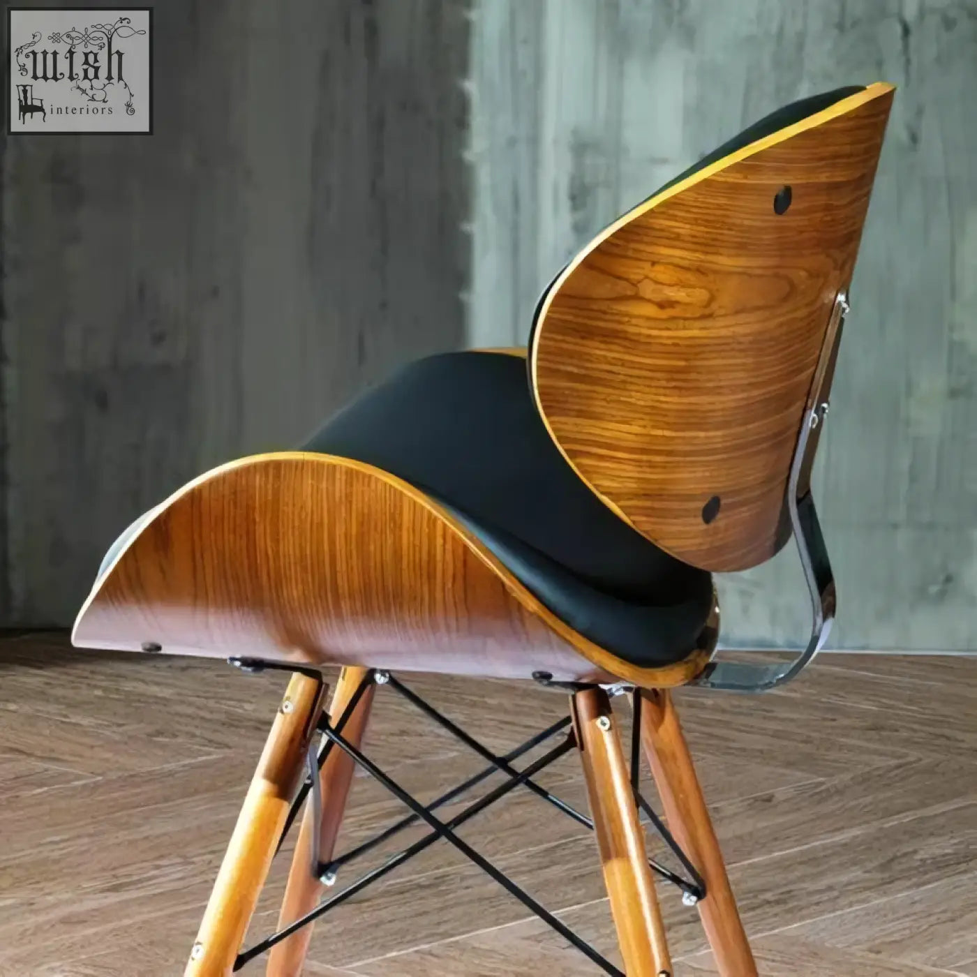 Mid-century modern eiffel dining chair with curved walnut frame black upholstered seat and slender metal legs