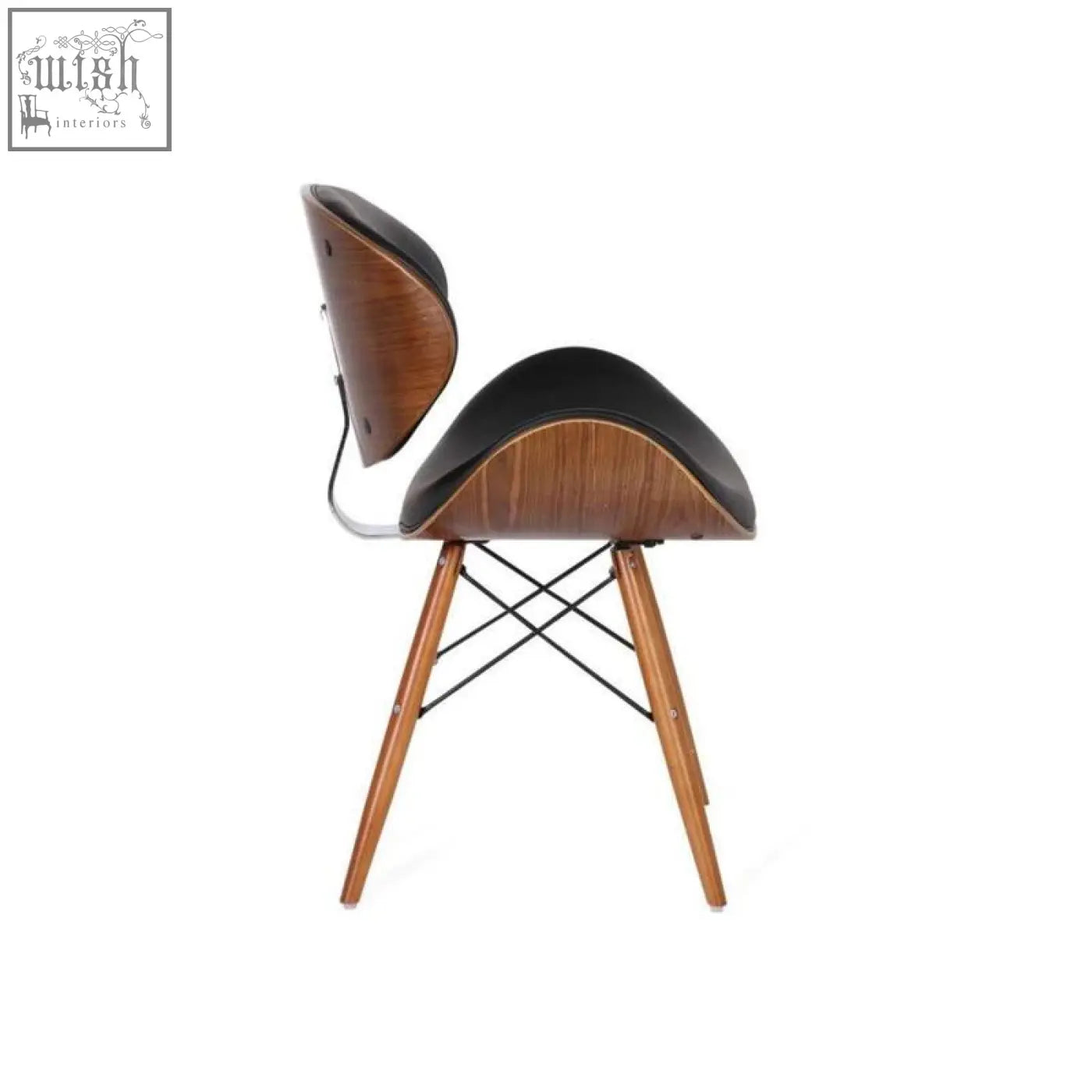 Mid-century modern eiffel dining chair in walnut with sleek black leather wood shell and chrome x-frame base, easy to clean with damp cloth