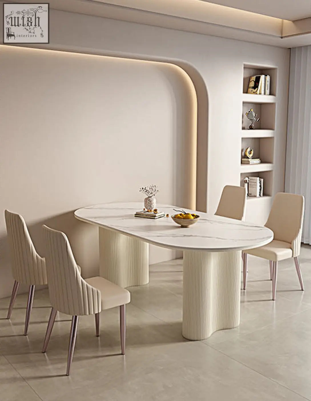 Cream-colored eira dining chair with marble oval table offering financing and low shipping cost options