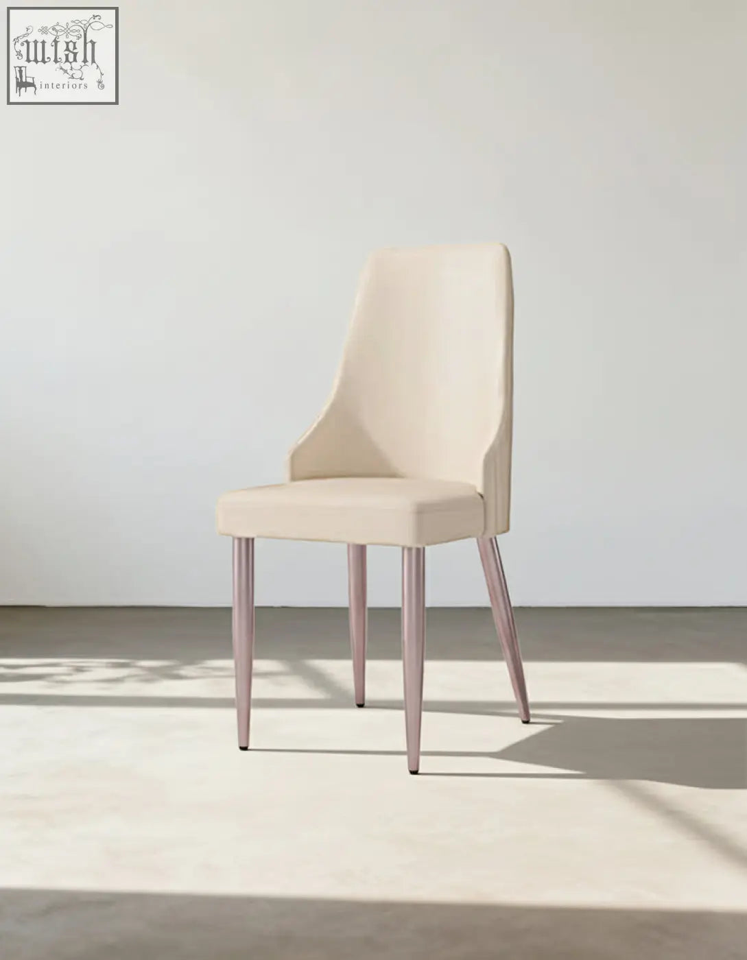 Cream upholstered eira dining chair with rose gold metal legs perfect for stylish dining rooms with offer financing options