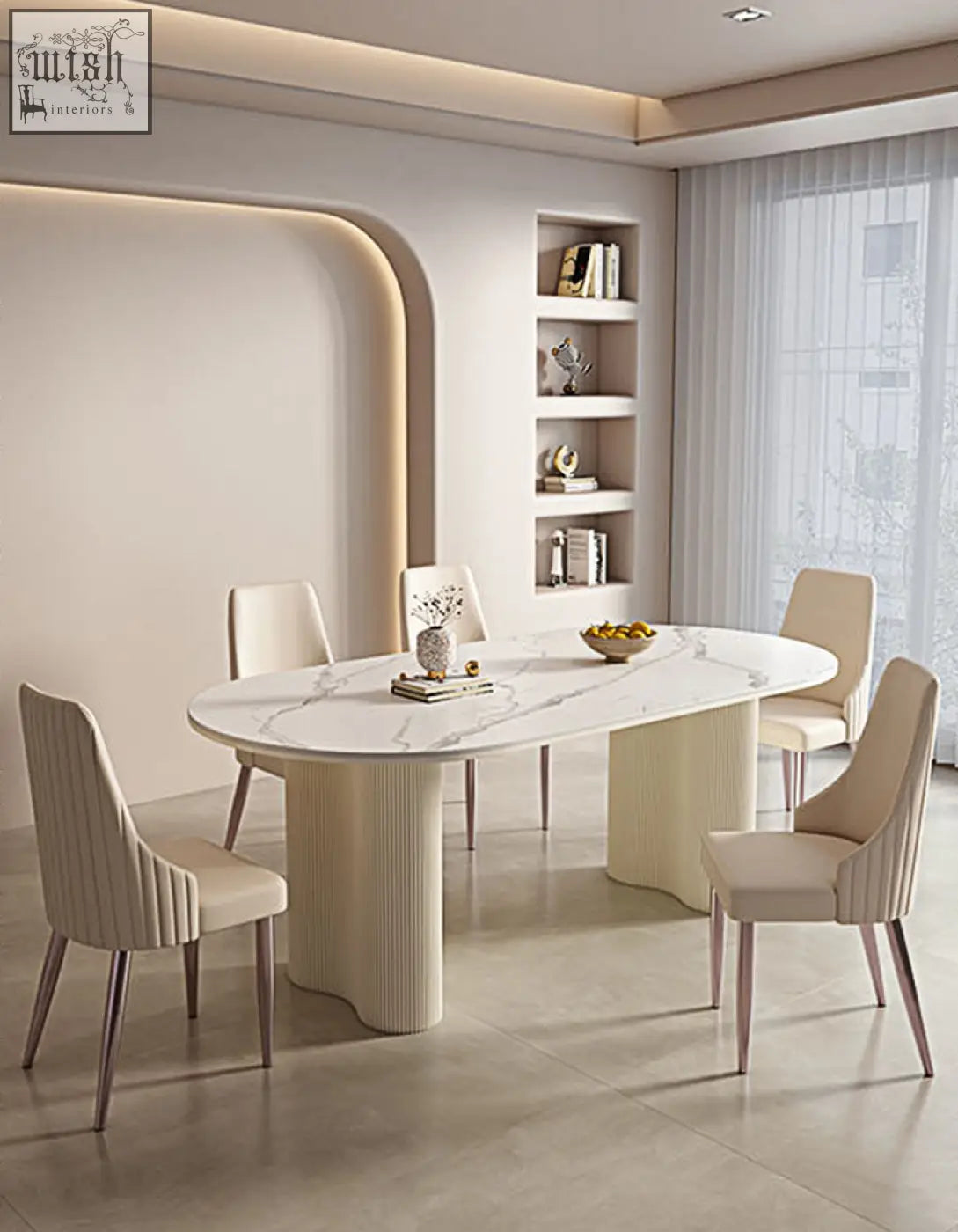 Modern oval dining table with white marble top and cream vertically ribbed pedestal legs pairs with eira dining chair cream offer financing available shipping cost details