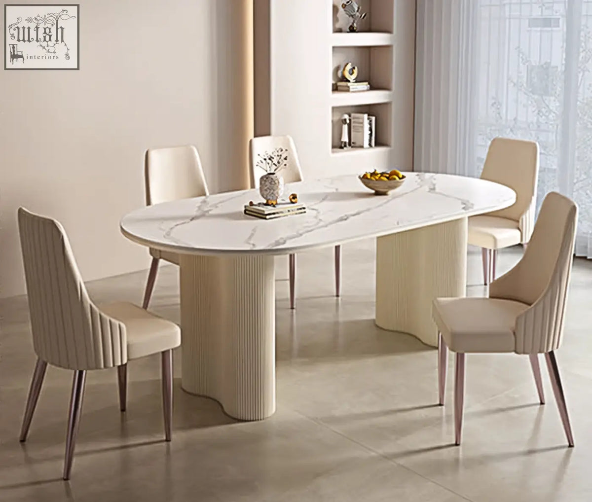 Modern oval white dining table eira with a white marble top and cream ribbed pedestal base for stylish dining