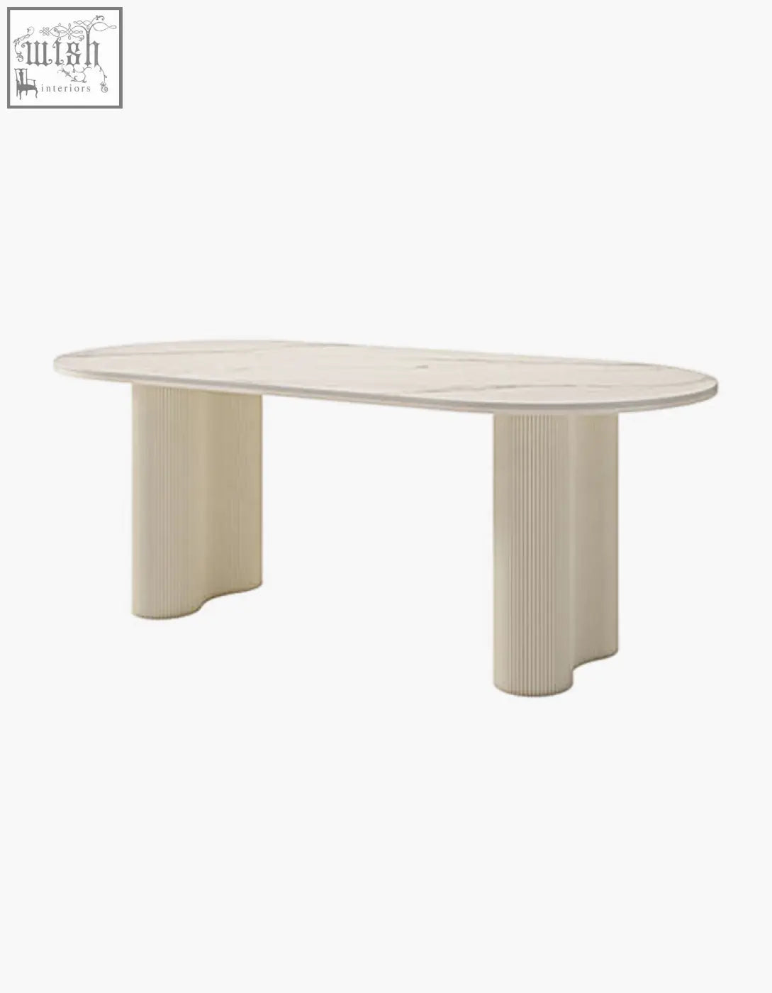 Cream-colored oval dining table with ribbed cylindrical legs perfect as a modern white dining table centerpiece
