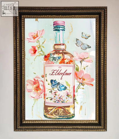 A vibrant elderflower wine framed wall art featuring an illustrated gin bottle with pink blossoms and blue butterflies