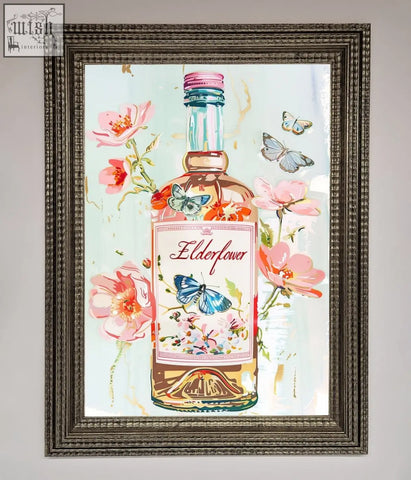 A framed elderflower wine wall art featuring a pink gin bottle with floral and butterfly illustrations