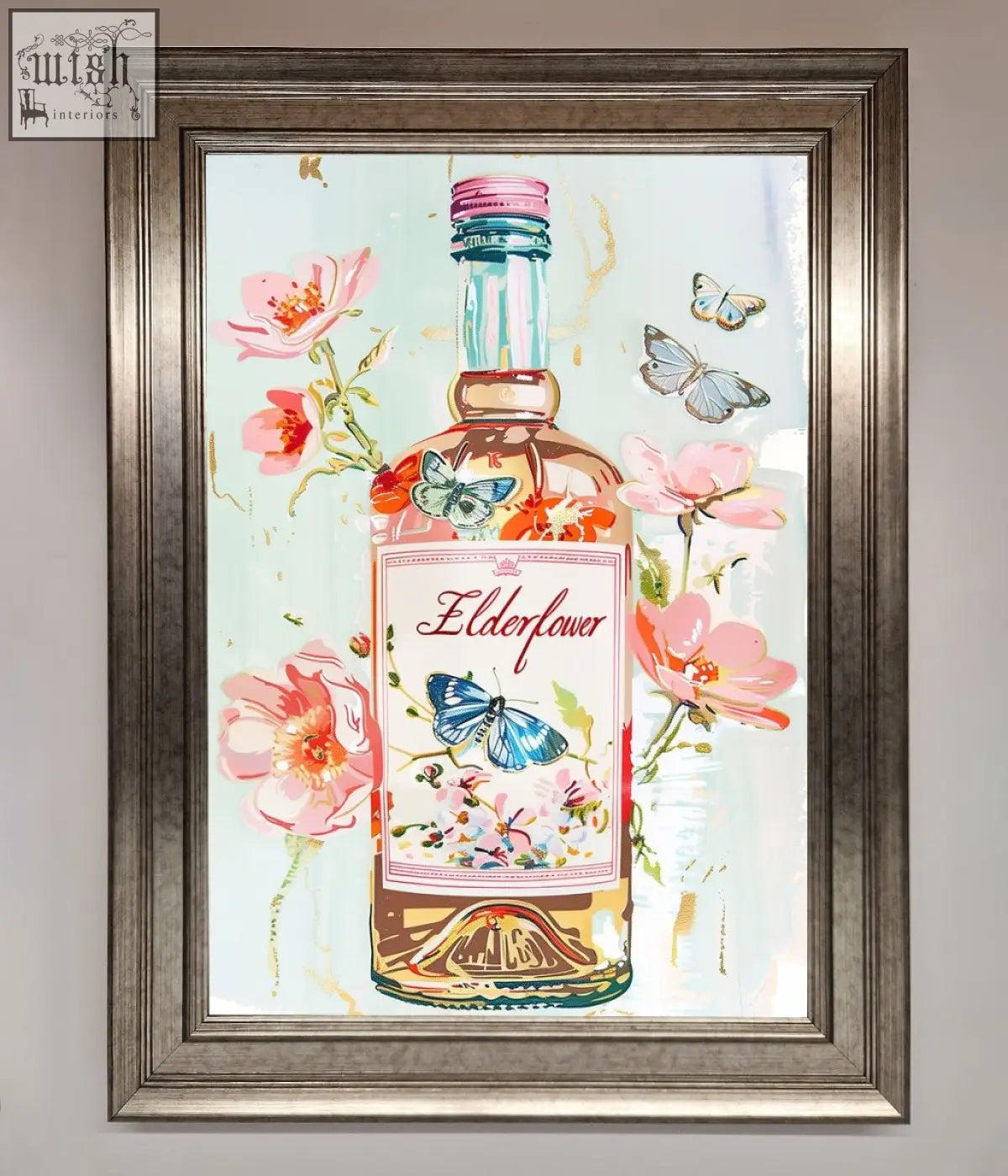 A vibrant elderflower wine framed artwork featuring an illustrated gin bottle with pink blossoms and blue butterflies