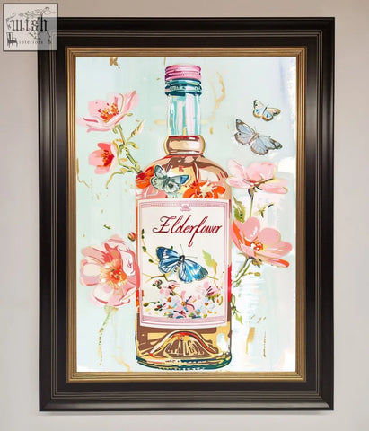 A framed elderflower wine artwork featuring a pink and gold bottle with floral patterns and butterflies wine framed wall art