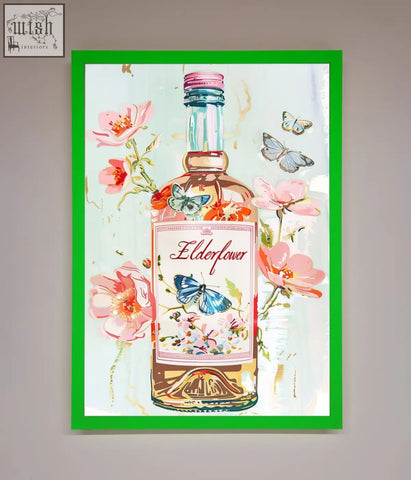 A vibrant elderflower wine framed wall art featuring an illustrated elderflower bottle with pink blossoms and butterflies