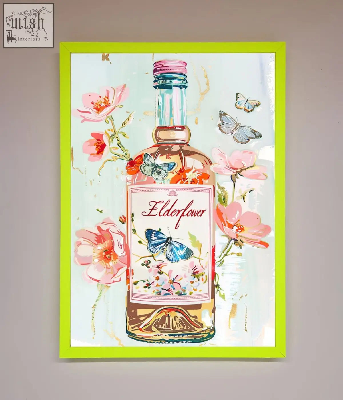 A pink elderflower wine framed wall art featuring floral and butterfly illustrations in a stylish frame
