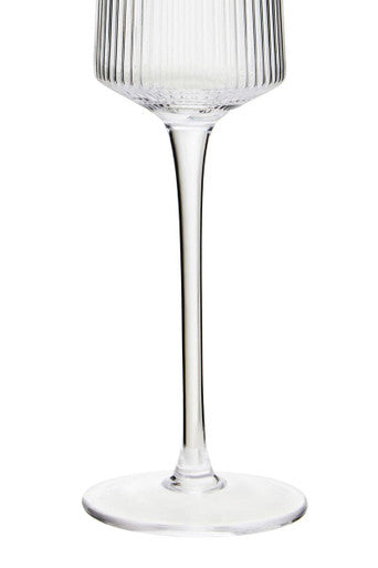 Clear glass ribbed champagne glasses with vertical detailing and slender stems from eldon set of four mob packaging