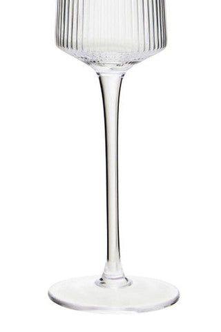 Clear glass ribbed champagne glasses with vertical detailing and slender stems from eldon set of four mob packaging