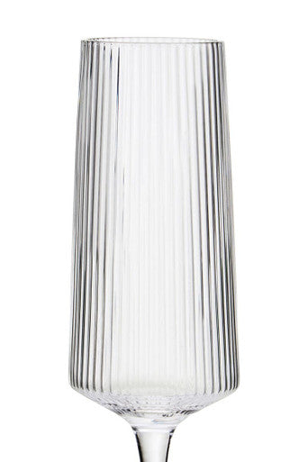 Clear glass ribbed champagne glasses with vertical texture and slender stem from eldon set of four mob packaging