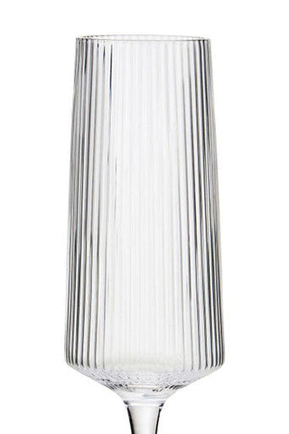 Clear glass ribbed champagne glasses with vertical texture and slender stem from eldon set of four mob packaging