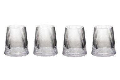 Eldon set of four clear glass tumblers with vertical ribbed texture and slightly flared rim ribbed glass tumblers