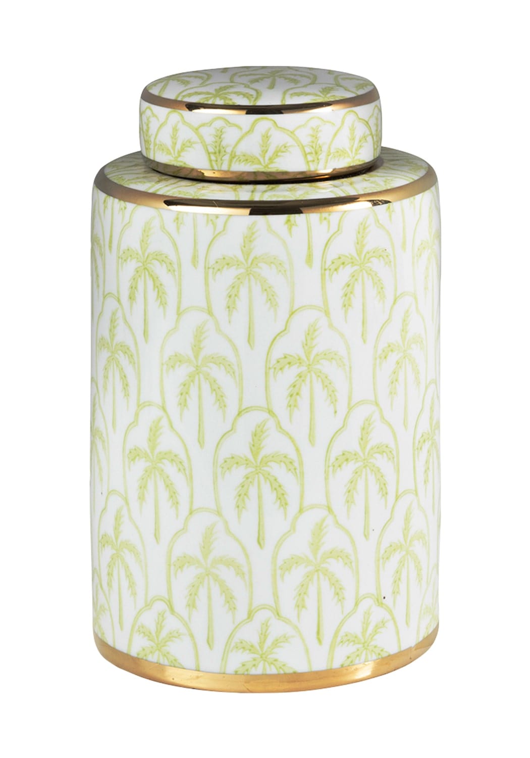 Large white ceramic canister with light green palm leaf pattern and gold trim on lid body and base Eleanor Leaf Pattern