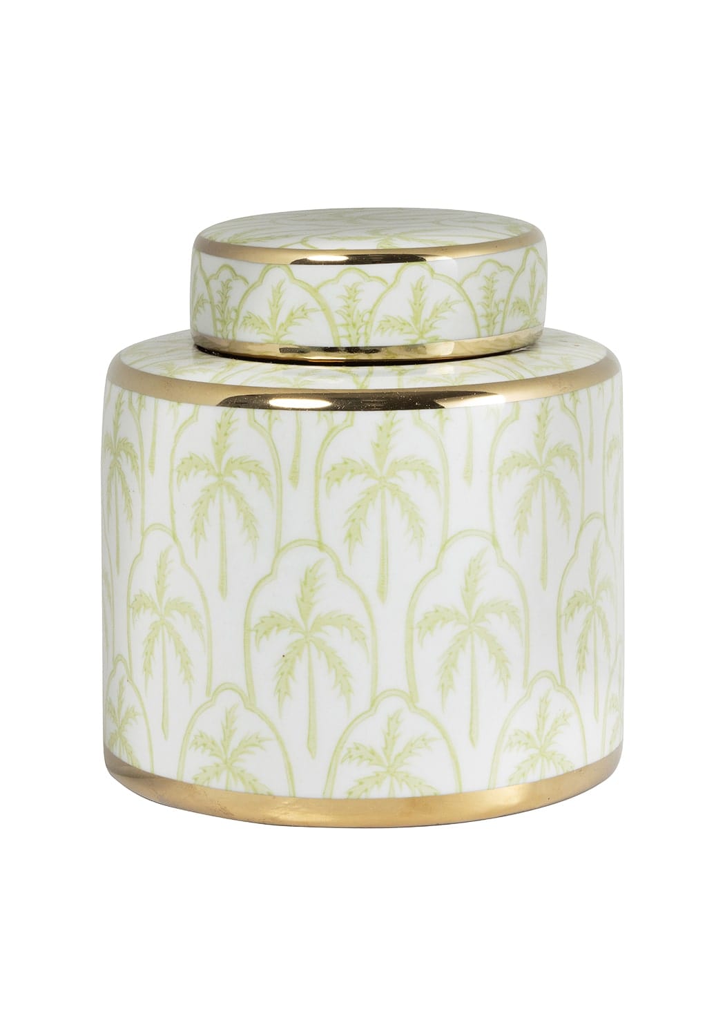 A small white ceramic leaf pattern canister with gold rim and lid featuring a delicate light green palm tree design