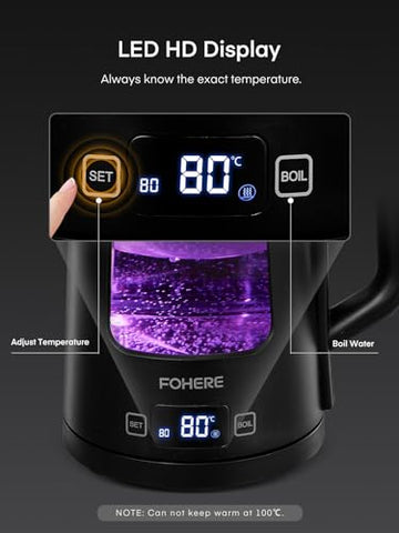 Black digital glass tea kettle with purple glowing water fast boil 1.7l electric kettle with 5 temperature control