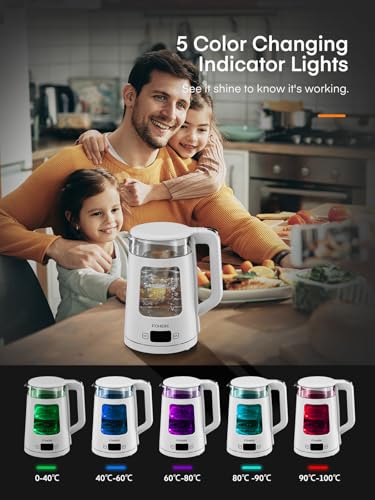 White glass tea kettle with 1.7l capacity fast boil digital display and 5 color changing temperature lights