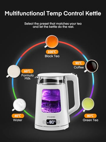 White glass tea kettle with transparent body purple illuminated fast boil 1.7l electric kettle with preset controls