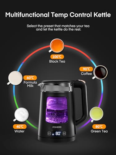 Black glass tea kettle with digital temp control showing 80 c fast boil and 5 temperature settings for precise brewing