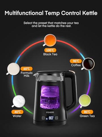 Black glass tea kettle with digital temp control showing 80 c fast boil and 5 temperature settings for precise brewing