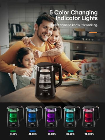 Black glass tea kettle with digital display and five color-changing lights for fast boil and temperature control