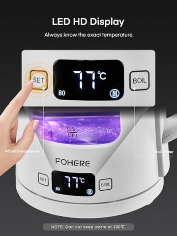 White fohere glass tea kettle with led hd display showing 77°c purple glowing water fast boil feature