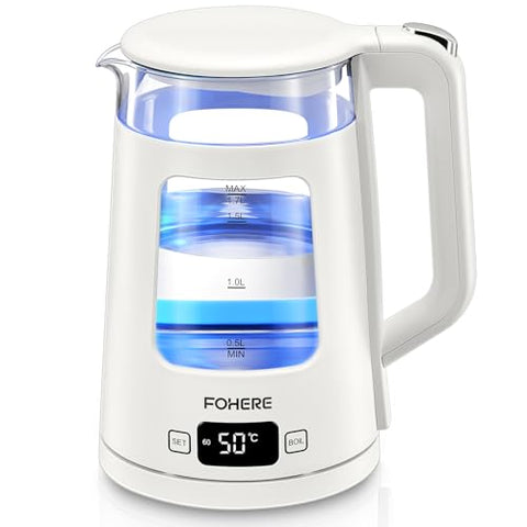 White glass tea kettle with digital display showing 50°c fast boil function and 1.7l capacity