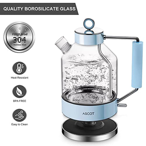 Light blue ascot glass electric kettle with borosilicate glass body and stainless steel accents for boiling water